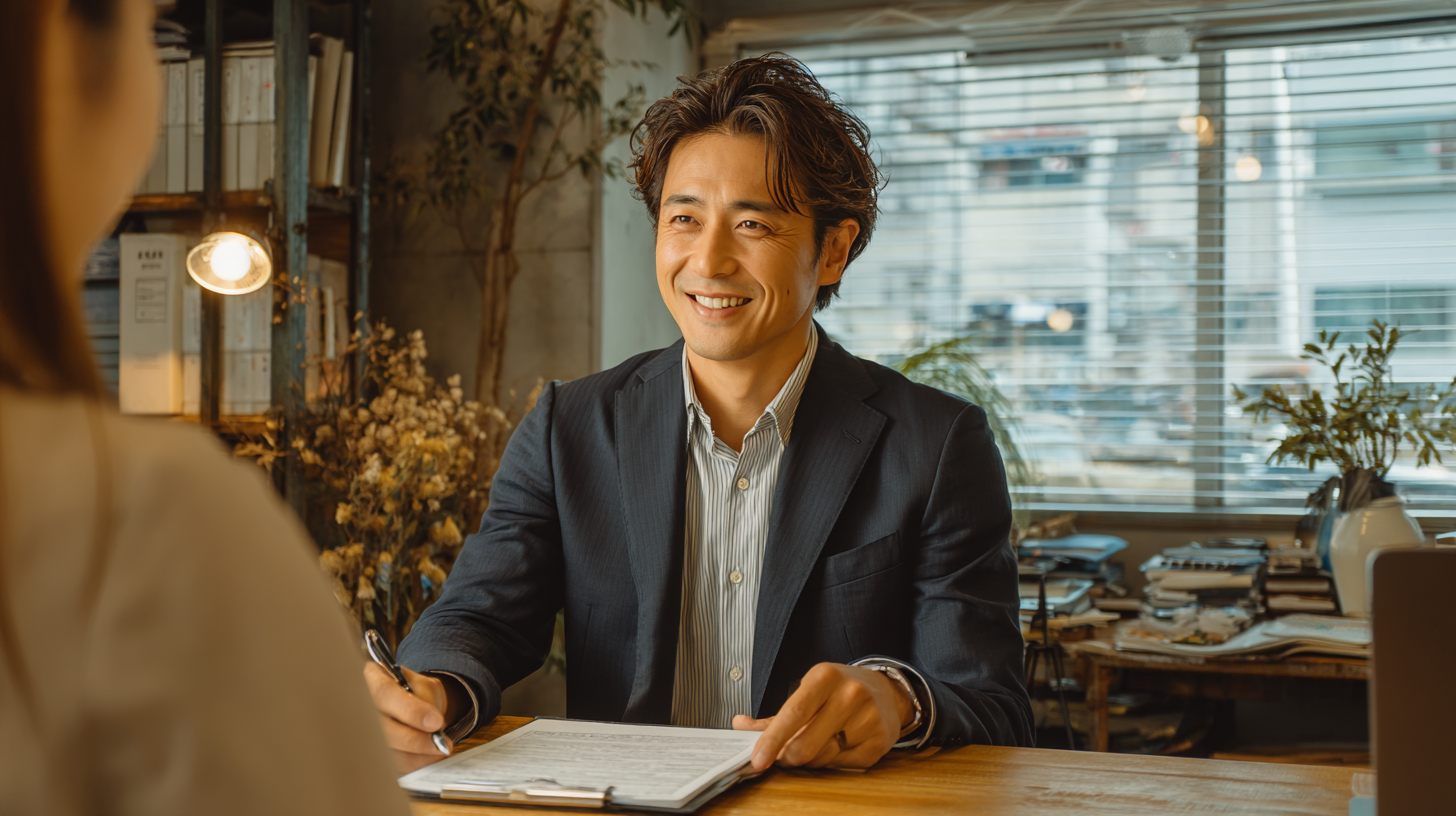 事務所で相談者に書類を示しながら説明する行政書士